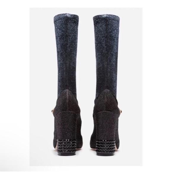 New! DOLCE & GABBANA Crystal Sock Mary Jane Black Glitter Boots Block Heel - Picture 4 of 12
